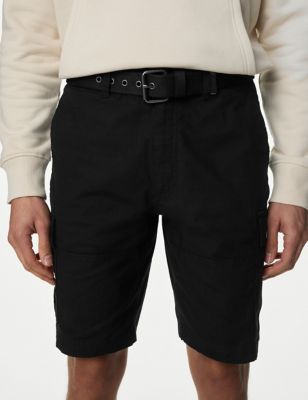 M&S Mens Pure Cotton Ripstop Textured Belted Cargo Shorts - 34 - Black, Black,Navy,Green,Toffee