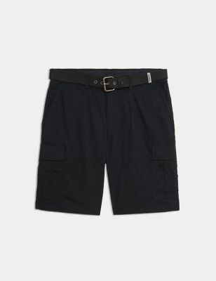 Pure Cotton Ripstop Textured  Belted Cargo Shorts