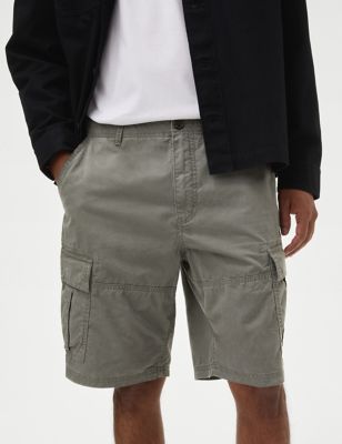 M&S Men's Pure Cotton Cargo Shorts - 30 - Washed Green, Washed Green,Navy,Sand,Khaki Mix,Light Grey