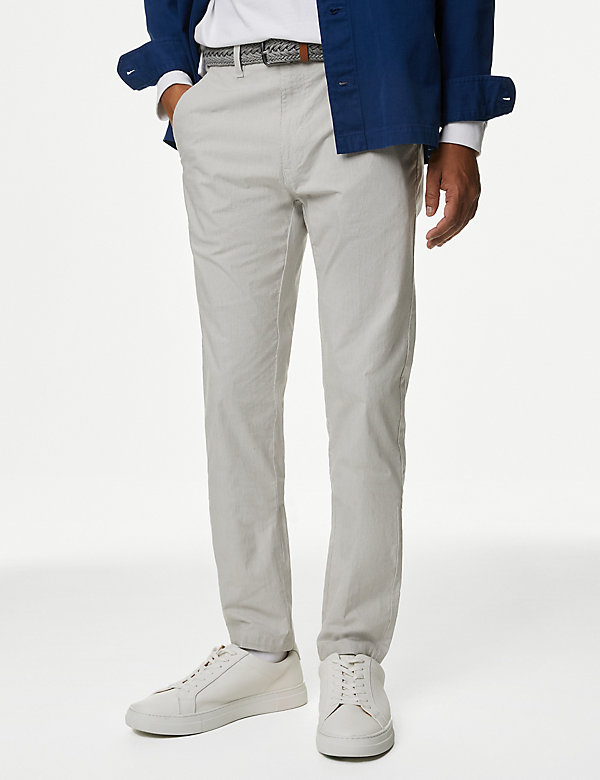 Slim Fit Belted Textured Stretch Chinos - CA