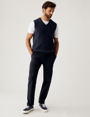 Marks And Spencer Mens M&S Collection Straight Fit Trousers with Elasticated Waist - Navy, Navy
