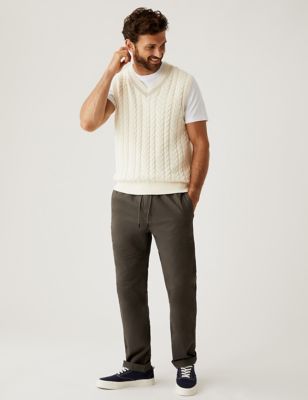 Marks And Spencer Mens M&S Collection Straight Fit Trousers with Elasticated Waist - Khaki