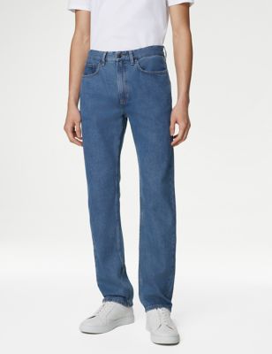 M&S Mens Straight Fit Pure Cotton Jeans - 3229 - Medium Blue, Medium Blue,Black,Light Blue,Indigo