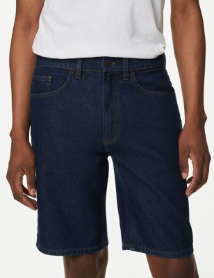 M&S Men's Pure Cotton Denim Shorts - 40 - Indigo, Indigo,Medium Blue