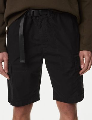 M&S Men's Belted Cargo Shorts with Stormwear - Black, Black,Putty