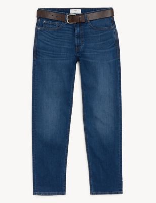 M&S Mens Straight Fit Belted Stretch Jeans - 3229 - Medium Blue, Medium Blue,Black