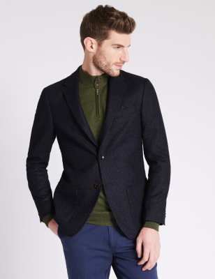 Wool Blend Tailored Fit Two Tone 2 Button Jacket