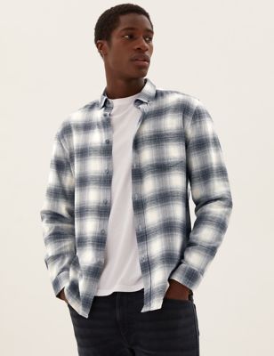 

Mens M&S Collection Pure Cotton Flannel Checked Shirt - Grey, Grey