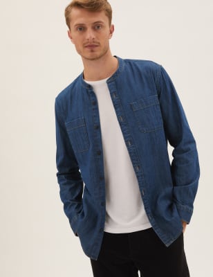 

Mens M&S Collection Denim Grandad Collar Shirt - Medium Blue, Medium Blue