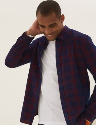 

Mens M&S Collection Pure Cotton Corduroy Check Shirt - Berry, Berry