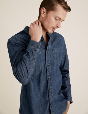  Chemise en jean à col grand-père - Medium Blue