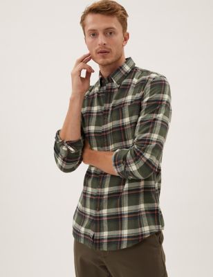 

Mens M&S Collection Pure Cotton Flannel Check Shirt - Khaki, Khaki