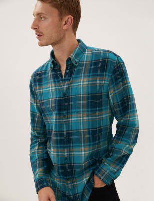 

Mens M&S Collection Pure Cotton Flannel Check Shirt - Dark Petrol, Dark Petrol