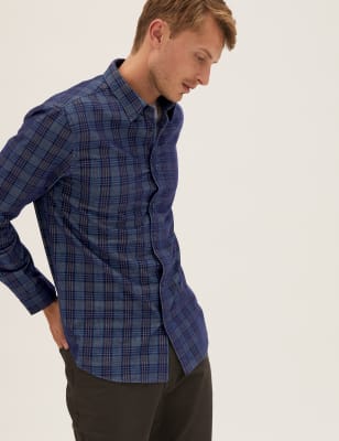 

Mens M&S Collection Pure Cotton Corduroy Check Shirt - Dark Indigo, Dark Indigo