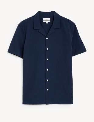 

Mens M&S Collection Seersucker-Hemd aus reiner Baumwolle mit Cuban Collar - Dark Navy, Dark Navy