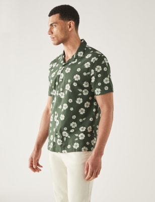 

Mens M&S Collection Seersucker-Hemd aus reiner Baumwolle mit Cuban Collar - Green, Green