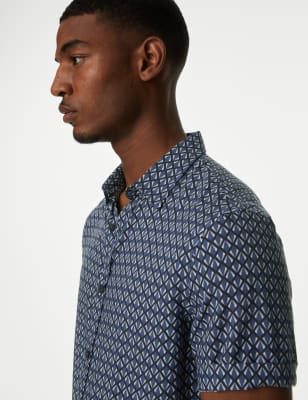 

Mens M&S Collection Easy Iron Geometric Print Shirt - Blue Mix, Blue Mix