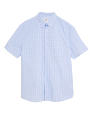 Mens M&S Collection Pure Cotton Check Shirt - Light Blue