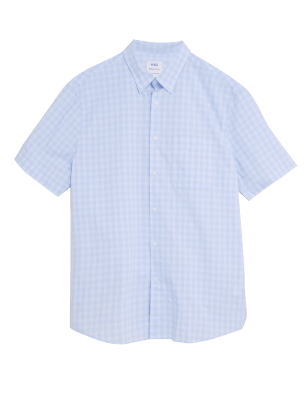 Mens M&S Collection Pure Cotton Check Shirt - Light Blue