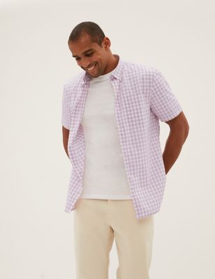 Mens M&S Collection Pure Cotton Check Shirt - Dusty Pink, Dusty Pink