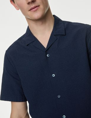 M&S Men's Pure Cotton Seersucker Shirt - SREG - Navy, Navy,Ecru,Black