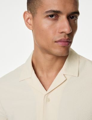 M&S Mens Pure Cotton Seersucker Shirt - XXXLREG - Ecru, Ecru,Black,Navy