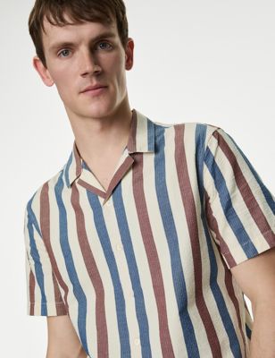 Easy Iron Pure Cotton Seersucker Striped Shirt - CA