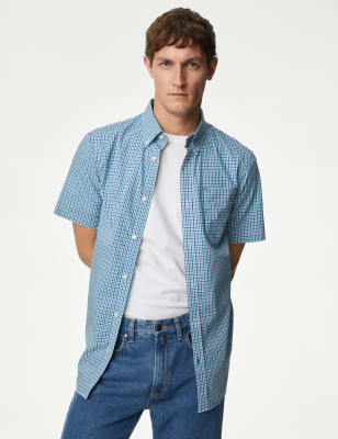 M&S Men's Easy Iron Cotton Stretch Gingham Check Oxford Shirt - SREG - Blue Mix, Blue Mix,Orange Mix