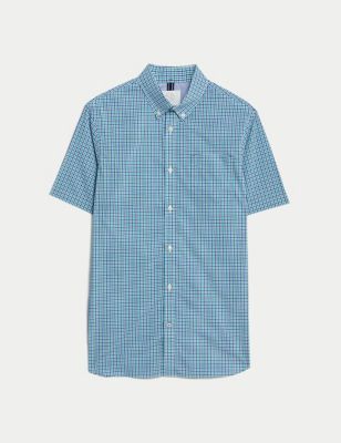 Easy Iron Cotton Stretch Gingham Check Oxford Shirt