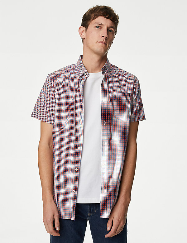 Easy Iron Cotton Stretch Gingham Check Oxford Shirt - RS