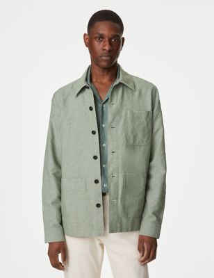 M&S Mens Easy Iron Linen Blend Overshirt - SREG - Antique Green, Antique Green,Natural