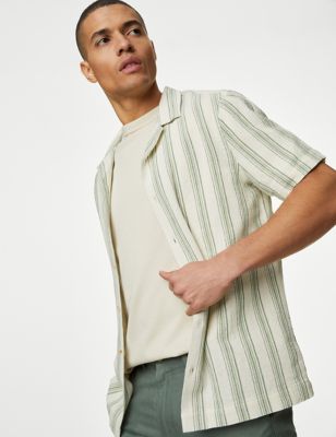 M&S Men's Pure Cotton Striped Textured Shirt - XXXLREG - Green Mix, Green Mix,Natural Mix