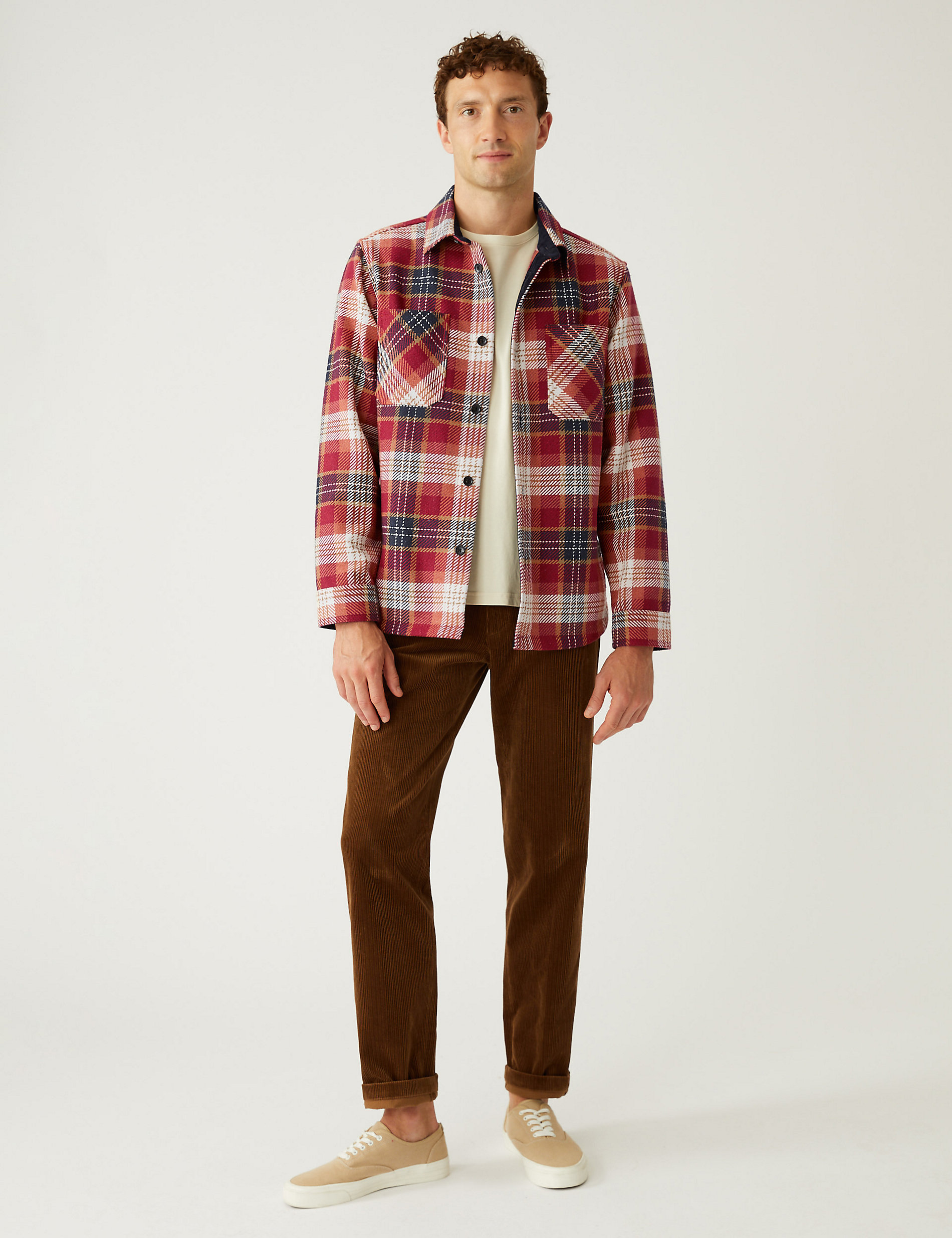Cotton Blend Twill Check Flannel Overshirt