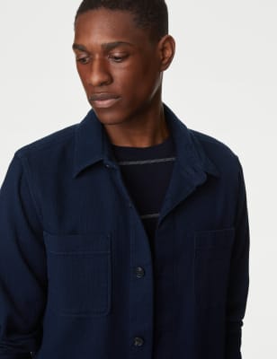 M&S Mens Pure Cotton Waffle Overshirt - XXXXLREG - Dark Navy, Dark Navy,Grey Marl