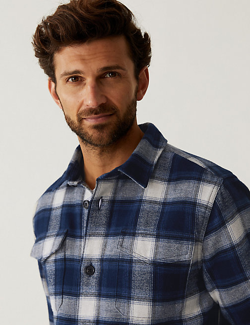Marks And Spencer Mens M&S Collection Cotton Rich Check Double Faced Overshirt - Blue Mix, Blue Mix