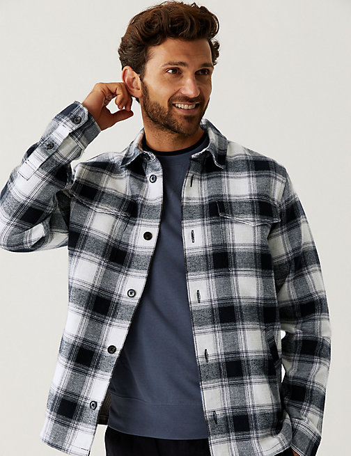 Marks And Spencer Mens M&S Collection Cotton Rich Check Double Faced Overshirt - Grey, Grey