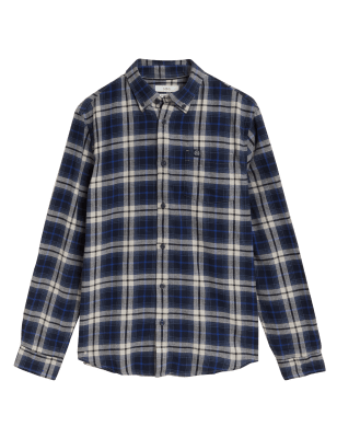 

Mens M&S Collection Pure Brushed Cotton Check Shirt - Blue, Blue