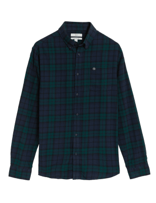 

Mens M&S Collection Pure Brushed Cotton Check Shirt - Green Mix, Green Mix