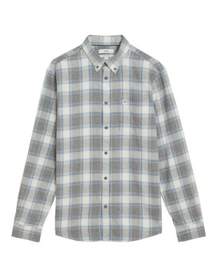 

Mens M&S Collection Pure Flannel Check Shirt - Grey, Grey