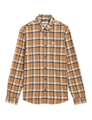 

Mens M&S Collection Pure Flannel Check Shirt - Dark Gold, Dark Gold