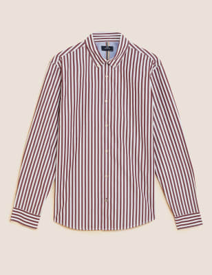 

Mens M&S Collection Gestreiftes Hemd aus reiner Baumwolle - Berry Red, Berry Red