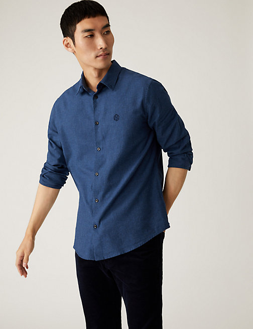 Marks And Spencer Mens M&S Collection Brushed Cotton Rich Twill Shirt - Blue, Blue