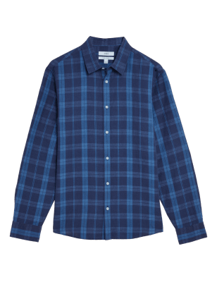 

Mens M&S Collection Linen Rich Check Shirt - Dark Indigo, Dark Indigo