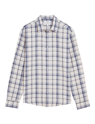 

Mens M&S Collection Kariertes Hemd mit hohem Leinenanteil - Stone, Stone