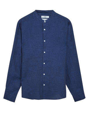 

Mens M&S Collection Hemd aus reinem Leinen mit Großvaterkragen - Dark Indigo, Dark Indigo