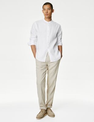 M&S Men's Pure Linen Grandad Collar Shirt - SREG - White, White,Black