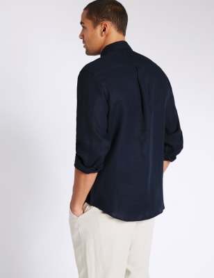 

Mens M&S Collection Easy Care Pure Linen Shirt with Pocket - Navy, Navy