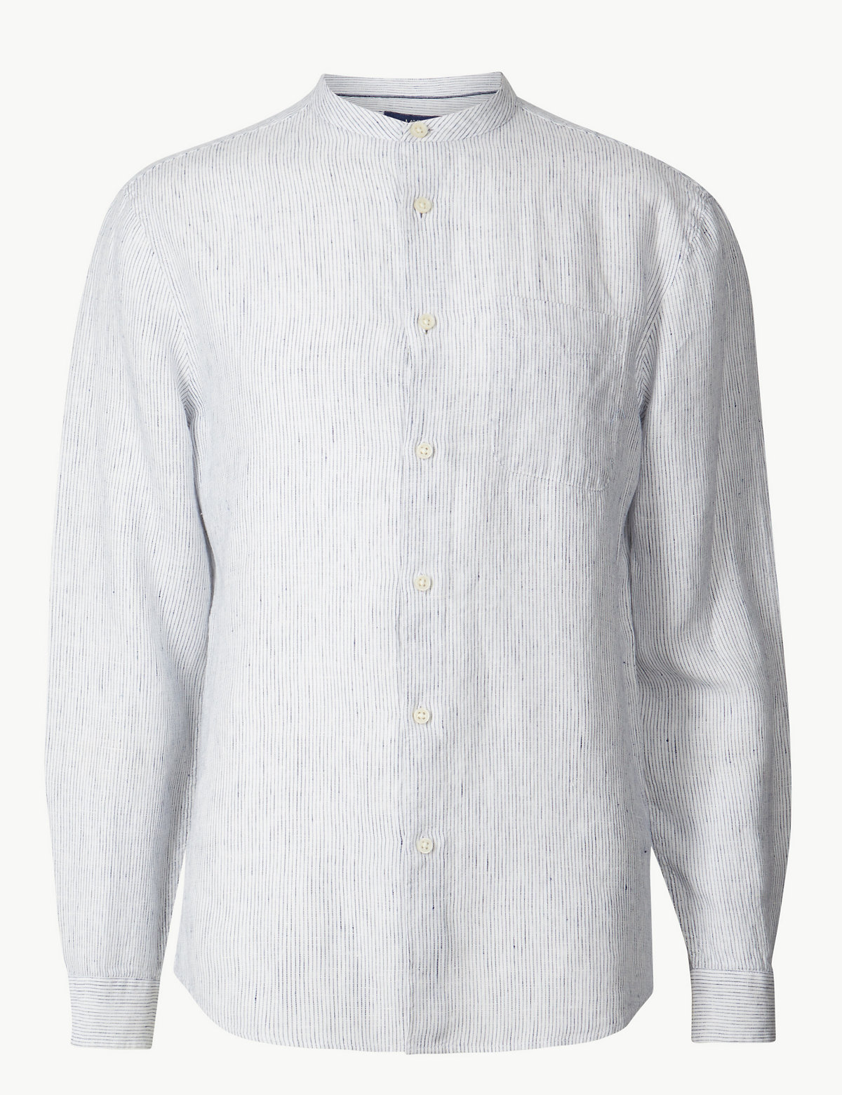 Pure Linen Striped Grandad Shirt with Pocket