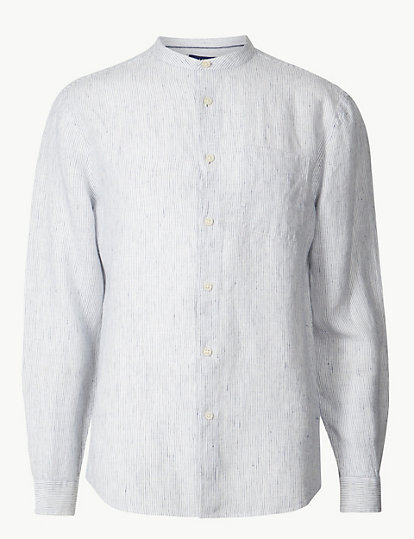 Pure Linen Striped Grandad Shirt with Pocket