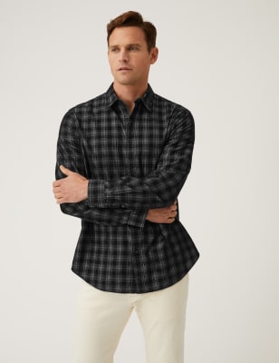 

Mens M&S Collection Pure Cotton Check Corduroy Shirt - Black, Black